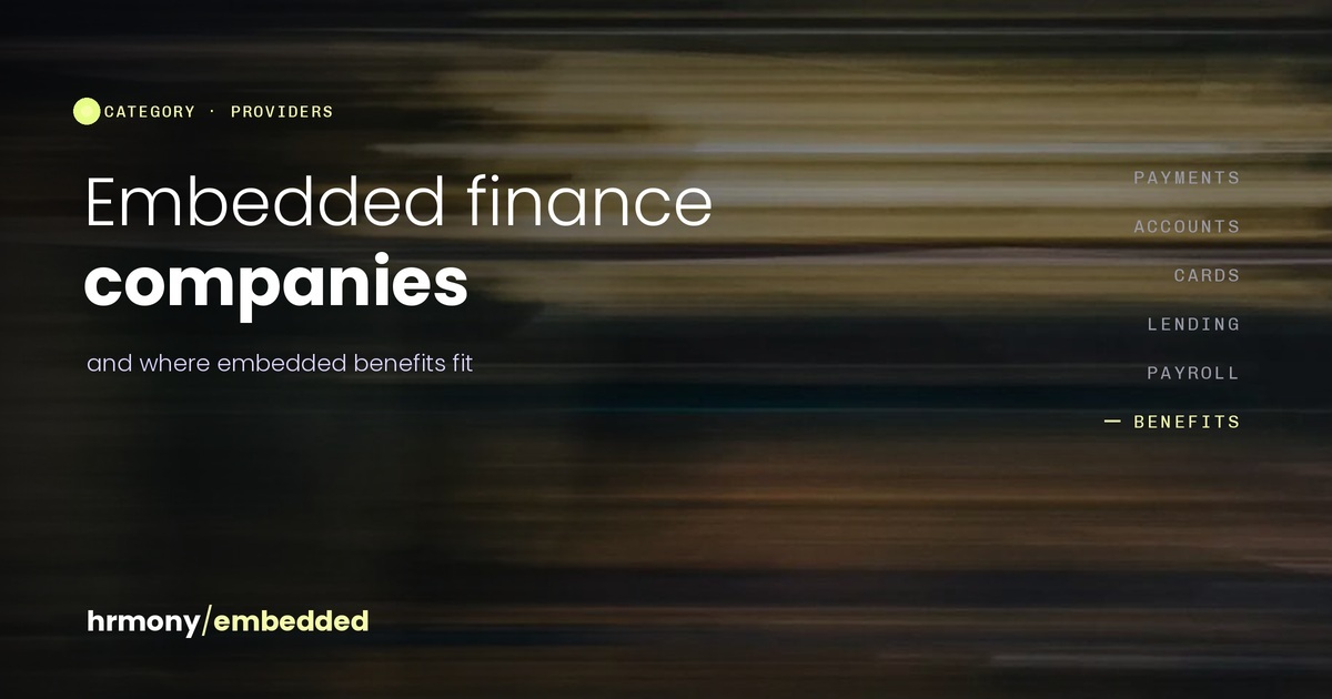Typographic header with the title embedded finance companies and a category list in which benefits is highlighted