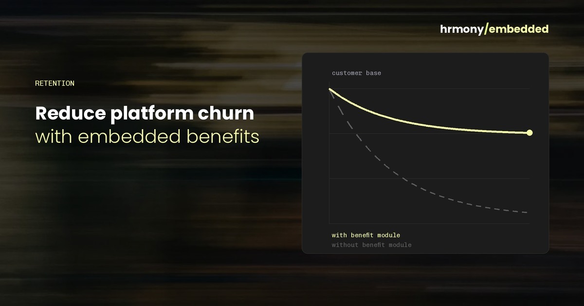 Illustration of a retention curve flattening out, with benefit module chips in the Hrmony Embedded style.