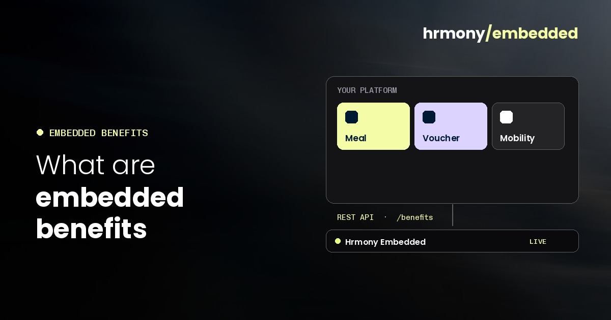 Header image for the article on embedded benefits, showing the Hrmony Embedded wordmark on a blurred gradient.